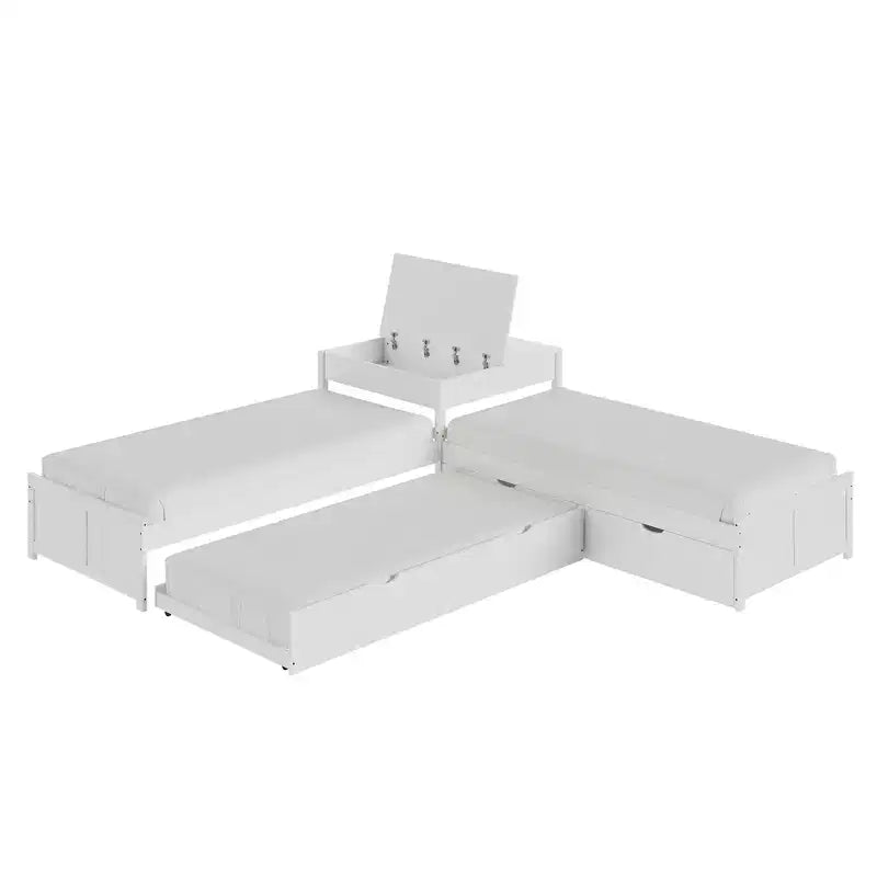L-Shaped Twin Solid Wood Trundle Bed with Flip-Top Storage Desk, Space-Saving Platform Frame for Kids and Family Rooms