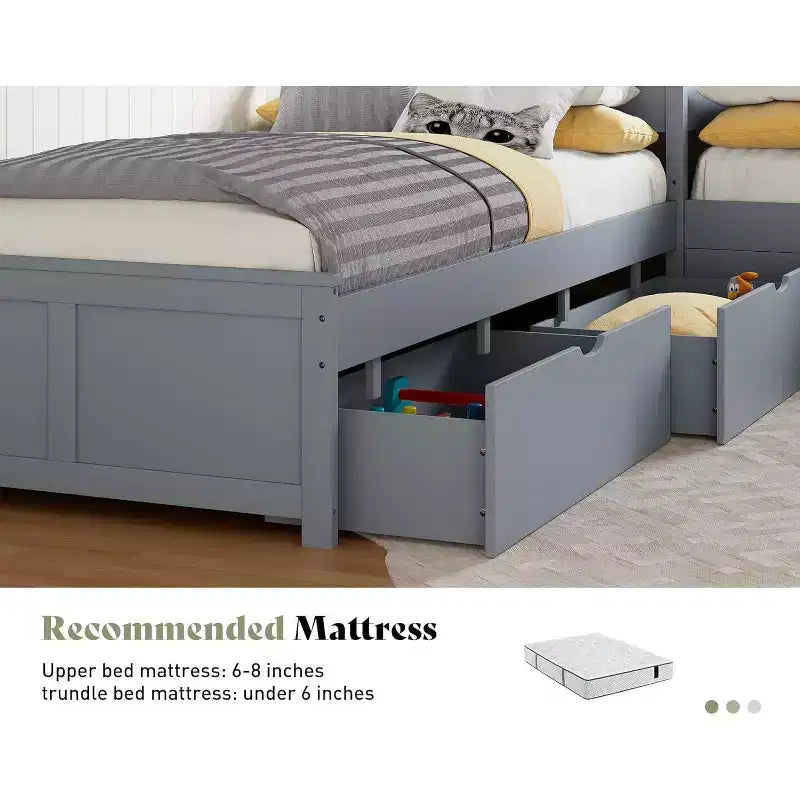 L-Shaped Twin Solid Wood Trundle Bed with Flip-Top Storage Desk, Space-Saving Platform Frame for Kids and Family Rooms