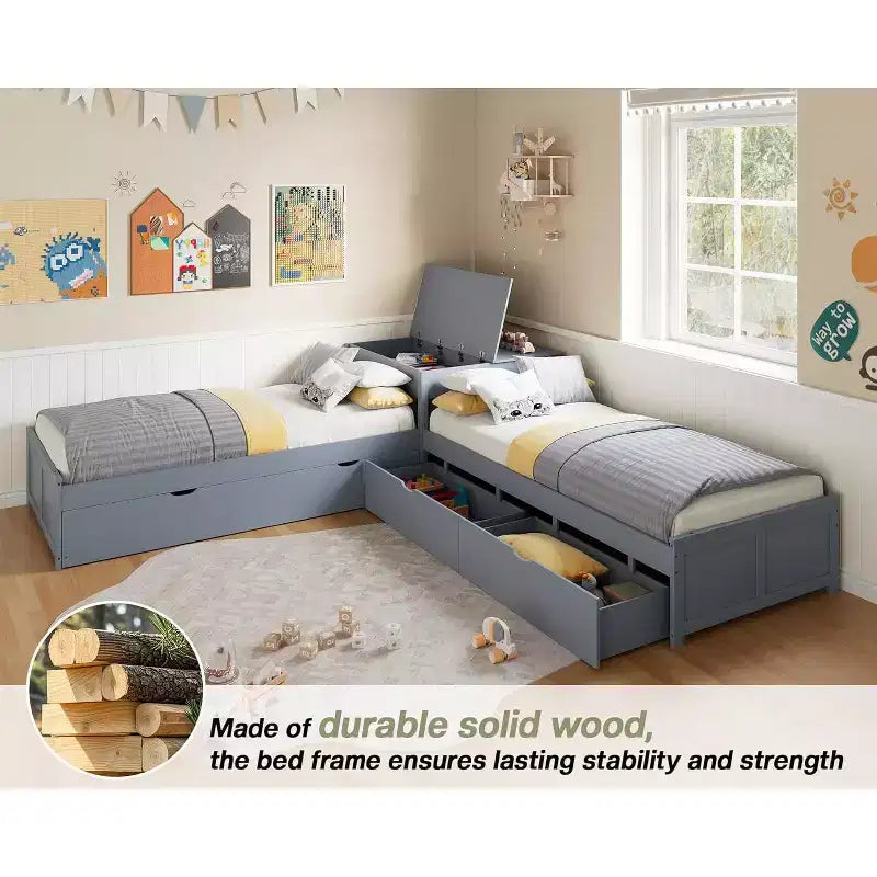 L-Shaped Twin Solid Wood Trundle Bed with Flip-Top Storage Desk, Space-Saving Platform Frame for Kids and Family Rooms