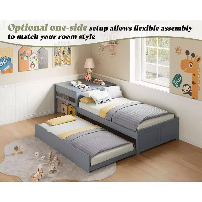 L-Shaped Twin Solid Wood Trundle Bed with Flip-Top Storage Desk, Space-Saving Platform Frame for Kids and Family Rooms