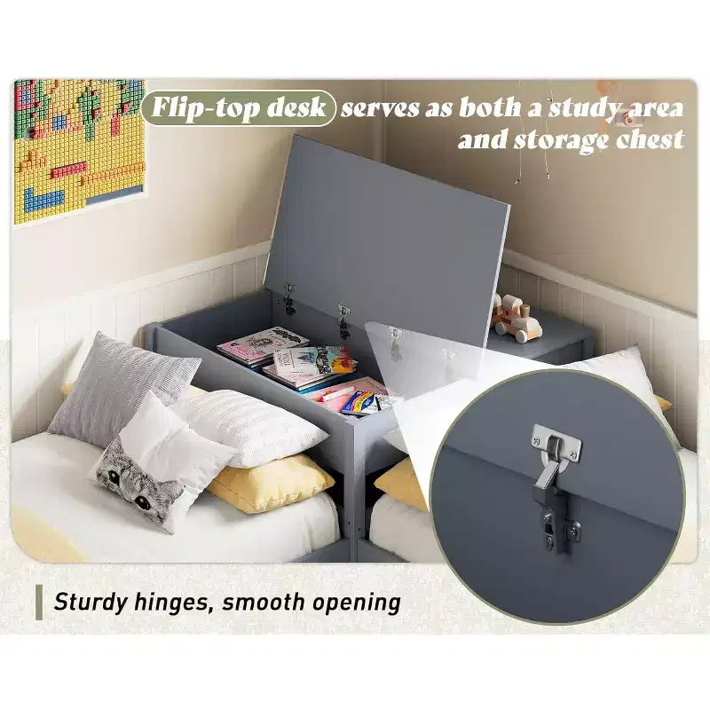 L-Shaped Twin Solid Wood Trundle Bed with Flip-Top Storage Desk, Space-Saving Platform Frame for Kids and Family Rooms