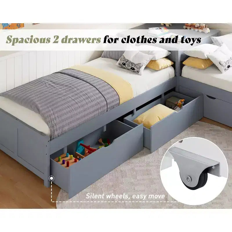 L-Shaped Twin Solid Wood Trundle Bed with Flip-Top Storage Desk, Space-Saving Platform Frame for Kids and Family Rooms