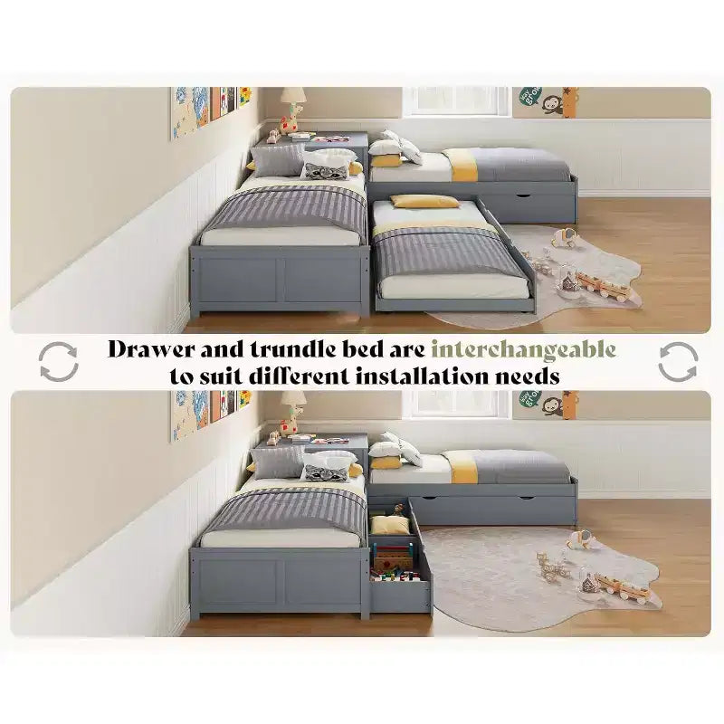 L-Shaped Twin Solid Wood Trundle Bed with Flip-Top Storage Desk, Space-Saving Platform Frame for Kids and Family Rooms