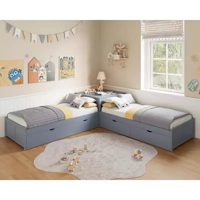 L-Shaped Twin Solid Wood Trundle Bed with Flip-Top Storage Desk, Space-Saving Platform Frame for Kids and Family Rooms