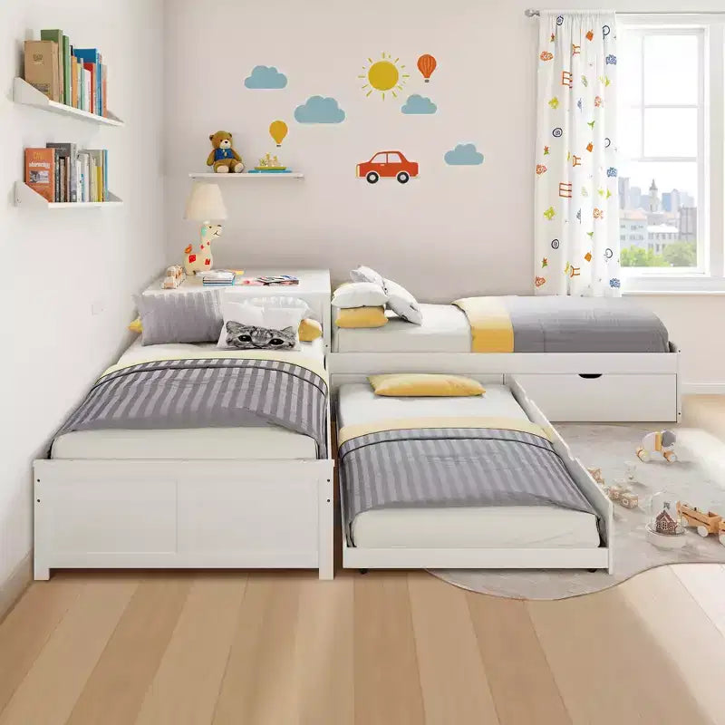 L-Shaped Twin Solid Wood Trundle Bed with Flip-Top Storage Desk, Space-Saving Platform Frame for Kids and Family Rooms