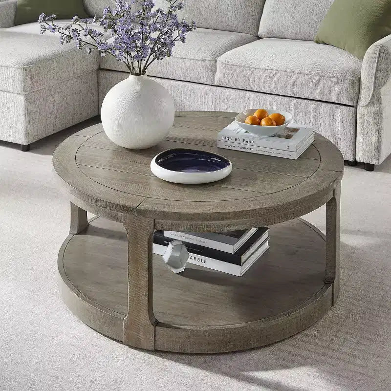40-Inch Modern Round Coffee Table with Concealed Wheels and 2-Tier Design for Living Room, Office or Apartment