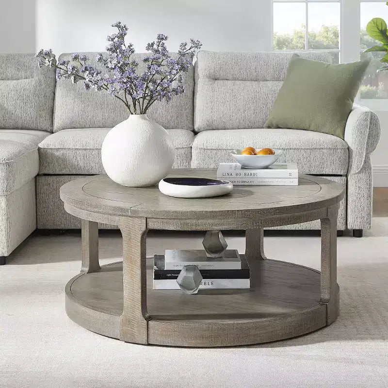 40-Inch Modern Round Coffee Table with Concealed Wheels and 2-Tier Design for Living Room, Office or Apartment