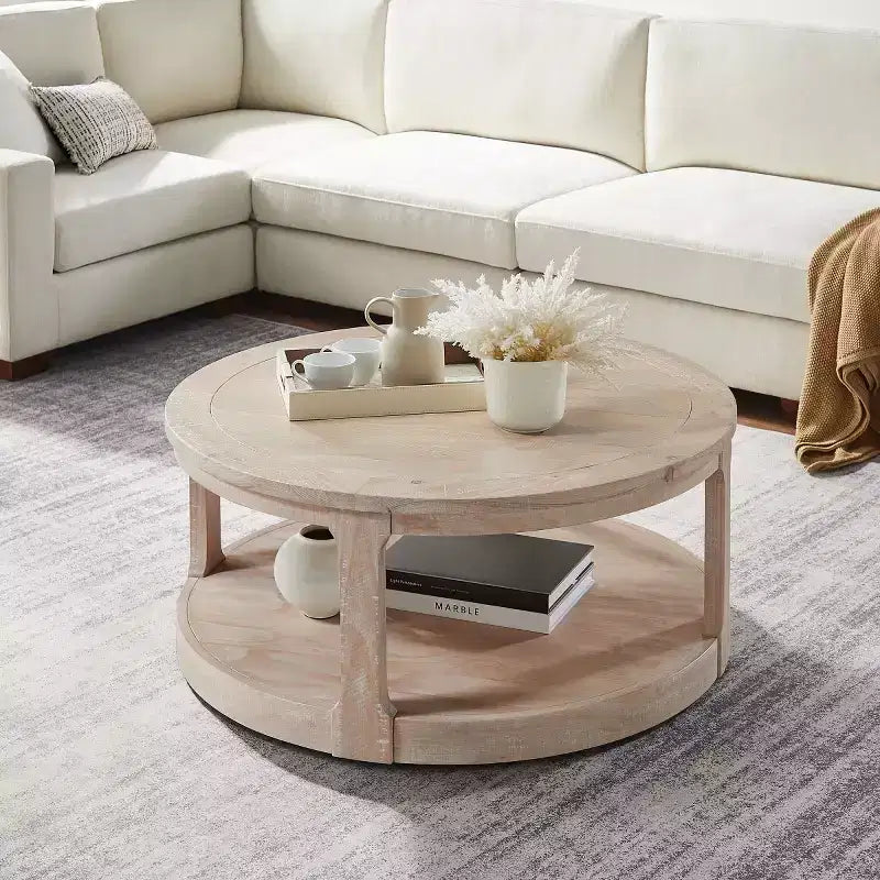 40-Inch Modern Round Coffee Table with Concealed Wheels and 2-Tier Design for Living Room, Office or Apartment