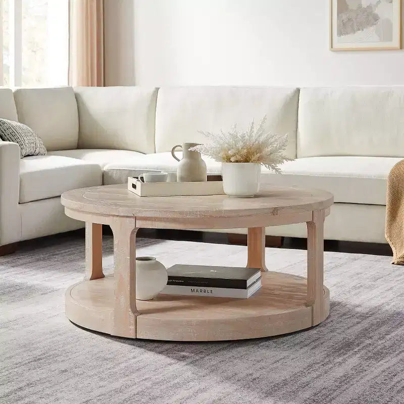 40-Inch Modern Round Coffee Table with Concealed Wheels and 2-Tier Design for Living Room, Office or Apartment