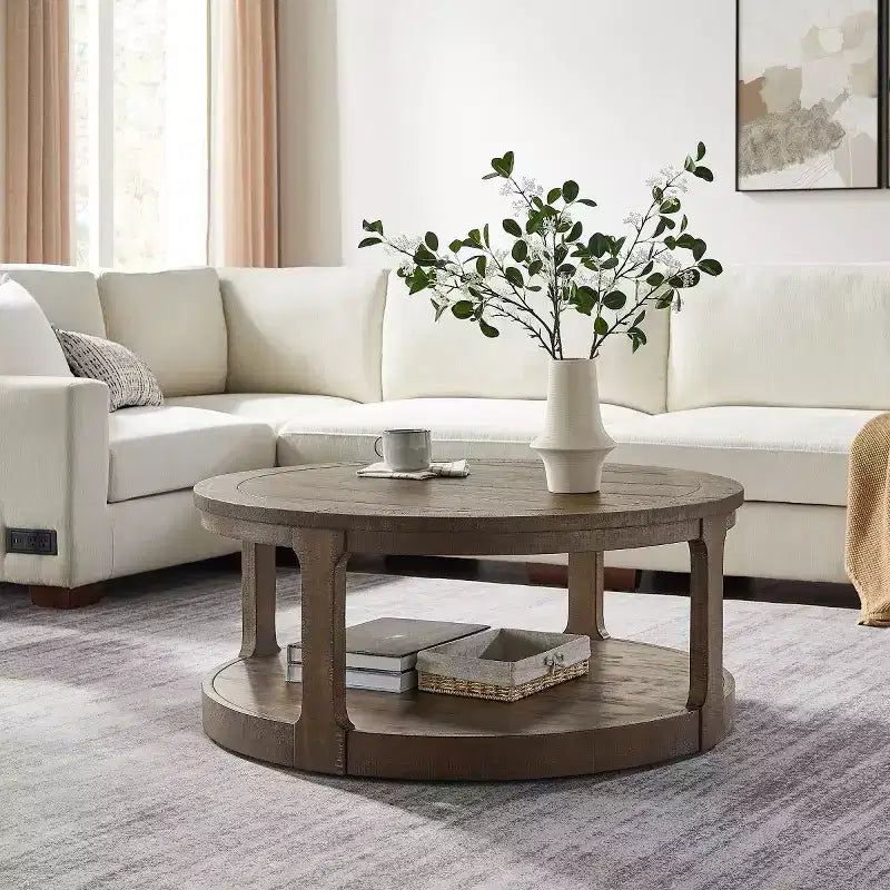 40-Inch Modern Round Coffee Table with Concealed Wheels and 2-Tier Design for Living Room, Office or Apartment