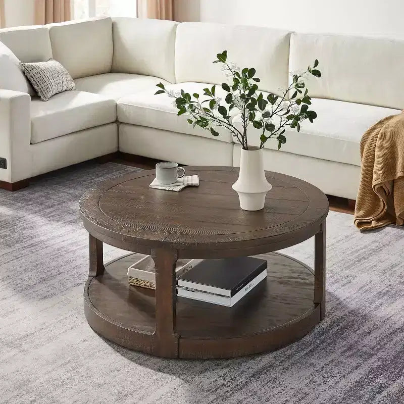 40-Inch Modern Round Coffee Table with Concealed Wheels and 2-Tier Design for Living Room, Office or Apartment