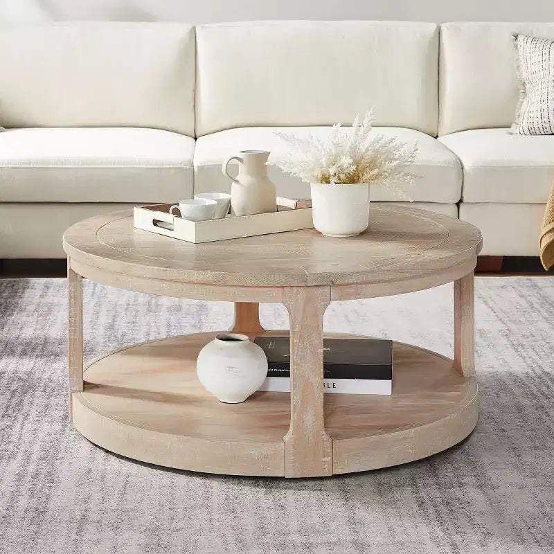 40-Inch Modern Round Coffee Table with Concealed Wheels and 2-Tier Design for Living Room, Office or Apartment