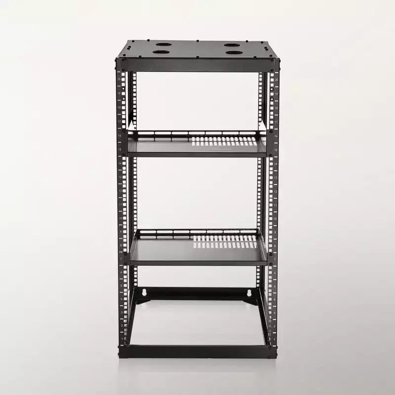 20U Open Frame Network Server Rack, 23-Inch Depth, Wall Mount or Floor Standing, Heavy Duty 4-Post with Vented Shelves, Black