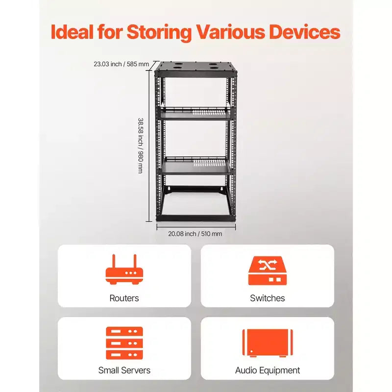 20U Open Frame Network Server Rack, 23-Inch Depth, Wall Mount or Floor Standing, Heavy Duty 4-Post with Vented Shelves, Black
