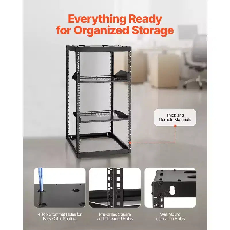 20U Open Frame Network Server Rack, 23-Inch Depth, Wall Mount or Floor Standing, Heavy Duty 4-Post with Vented Shelves, Black