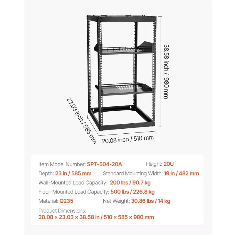 20U Open Frame Network Server Rack, 23-Inch Depth, Wall Mount or Floor Standing, Heavy Duty 4-Post with Vented Shelves, Black