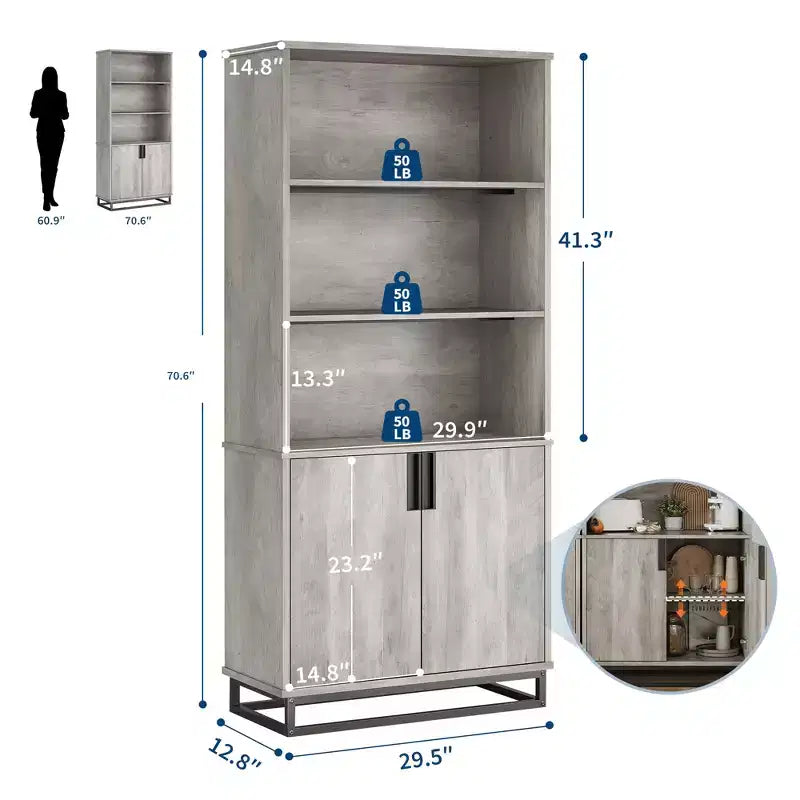 70.6-Inch 5-Tier Farmhouse Bookcase with Doors, Metal Base and Adjustable Shelf for Living Room