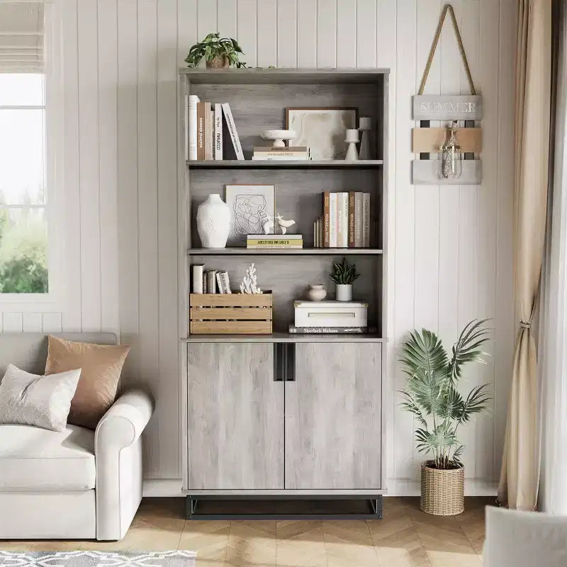 70.6-Inch 5-Tier Farmhouse Bookcase with Doors, Metal Base and Adjustable Shelf for Living Room