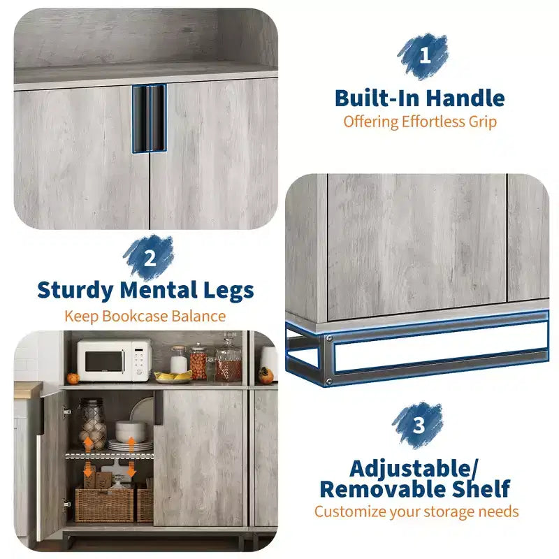 70.6-Inch 5-Tier Farmhouse Bookcase with Doors, Metal Base and Adjustable Shelf for Living Room