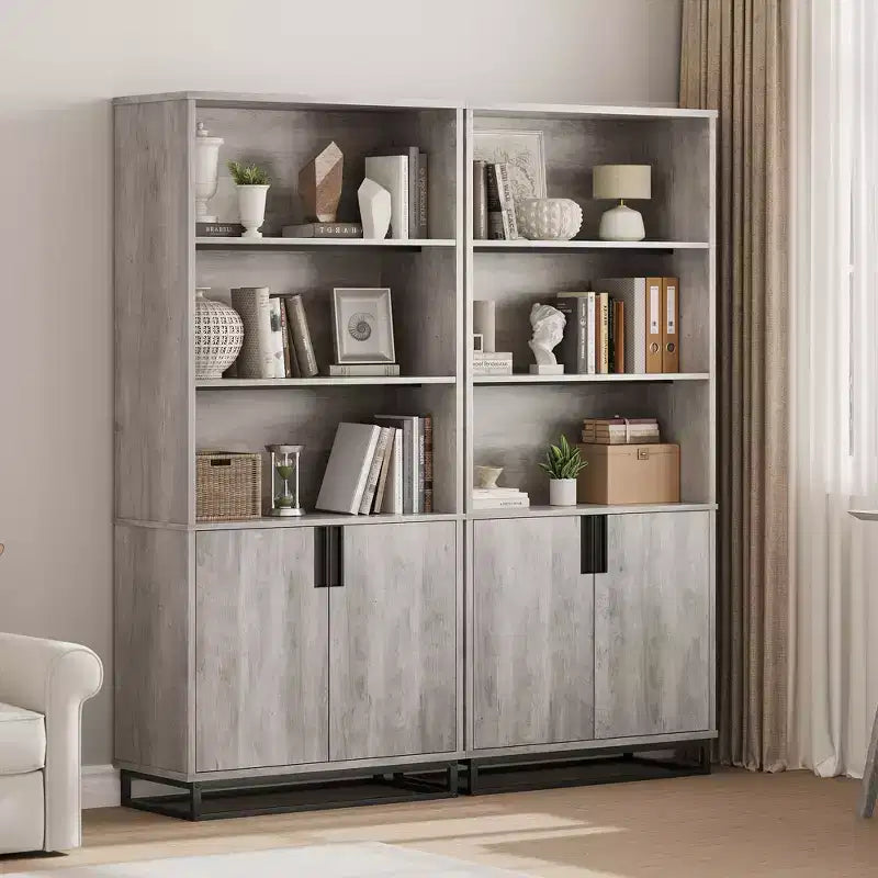 70.6-Inch 5-Tier Farmhouse Bookcase with Doors, Metal Base and Adjustable Shelf for Living Room