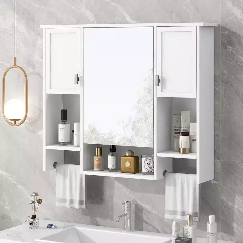 28.7-Inch Wall Mounted Bathroom Mirror Cabinet with Concealed Storage and 6 Open Shelves, White