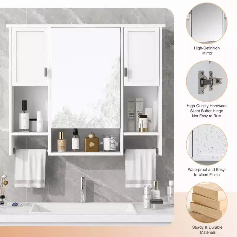 28.7-Inch Wall Mounted Bathroom Mirror Cabinet with Concealed Storage and 6 Open Shelves, White