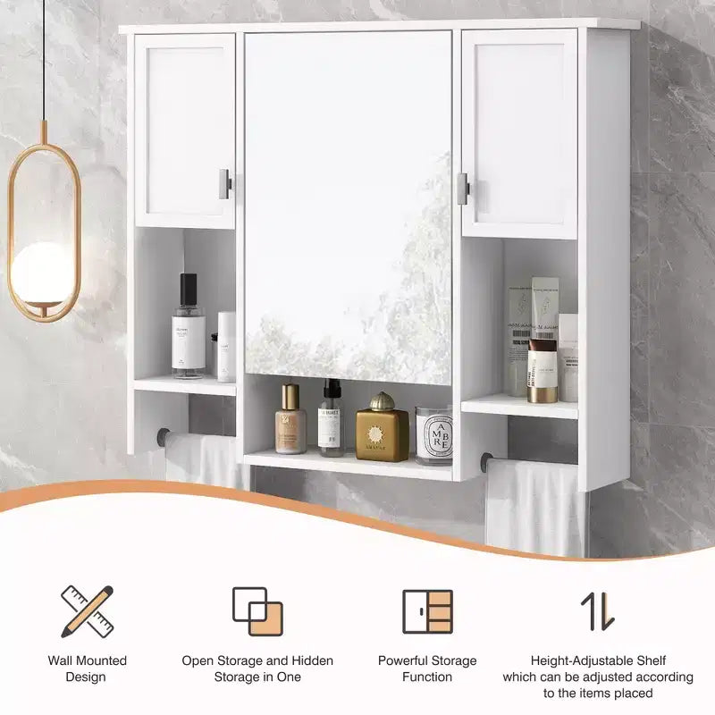28.7-Inch Wall Mounted Bathroom Mirror Cabinet with Concealed Storage and 6 Open Shelves, White