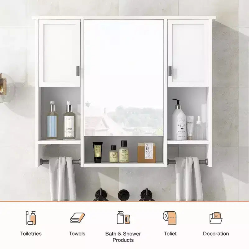 28.7-Inch Wall Mounted Bathroom Mirror Cabinet with Concealed Storage and 6 Open Shelves, White