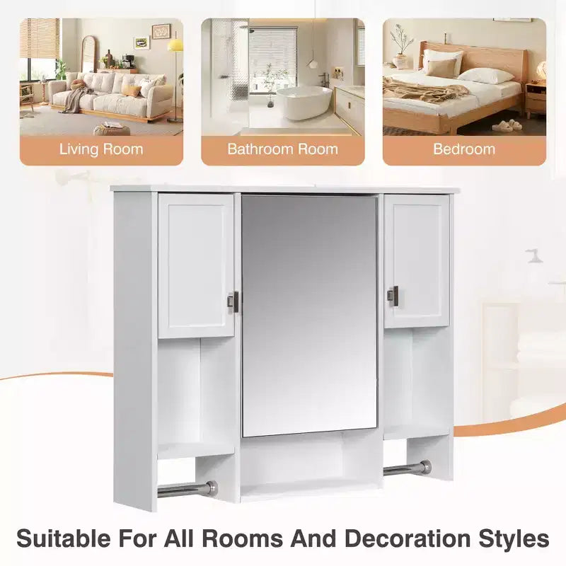 28.7-Inch Wall Mounted Bathroom Mirror Cabinet with Concealed Storage and 6 Open Shelves, White