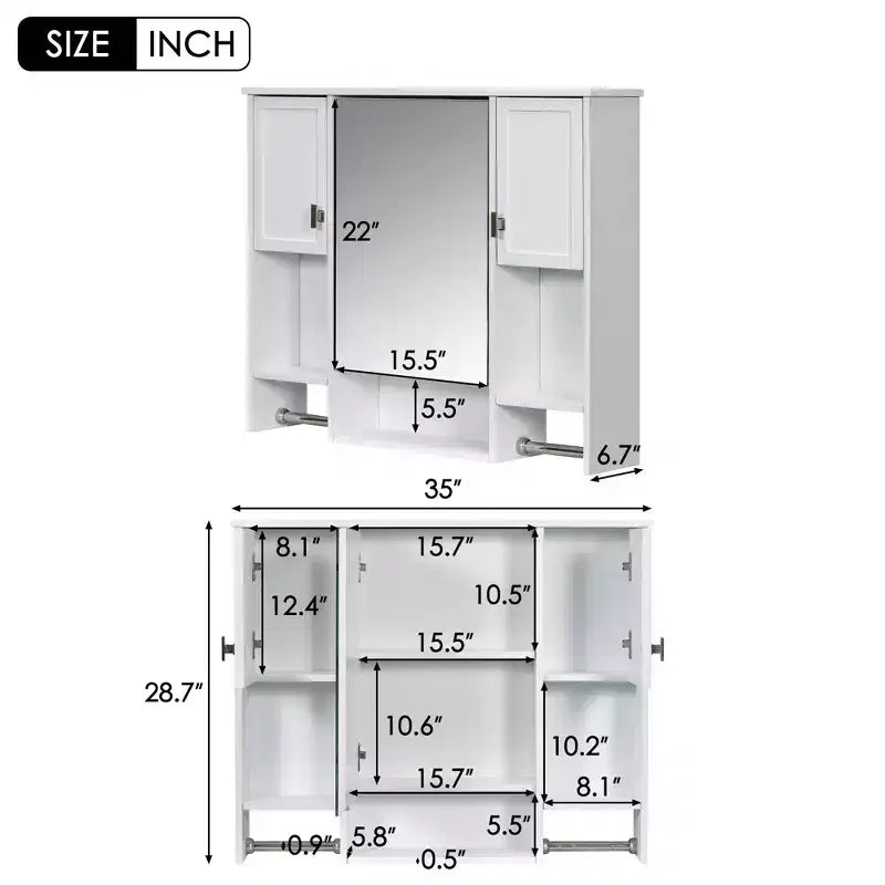28.7-Inch Wall Mounted Bathroom Mirror Cabinet with Concealed Storage and 6 Open Shelves, White
