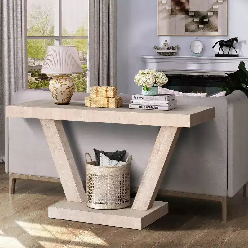 60-Inch Rustic Entryway Console Table with Distressed Wood Top and Wide V-Leg Base for Hallway