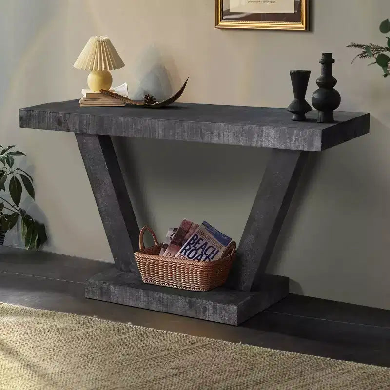 60-Inch Rustic Entryway Console Table with Distressed Wood Top and Wide V-Leg Base for Hallway