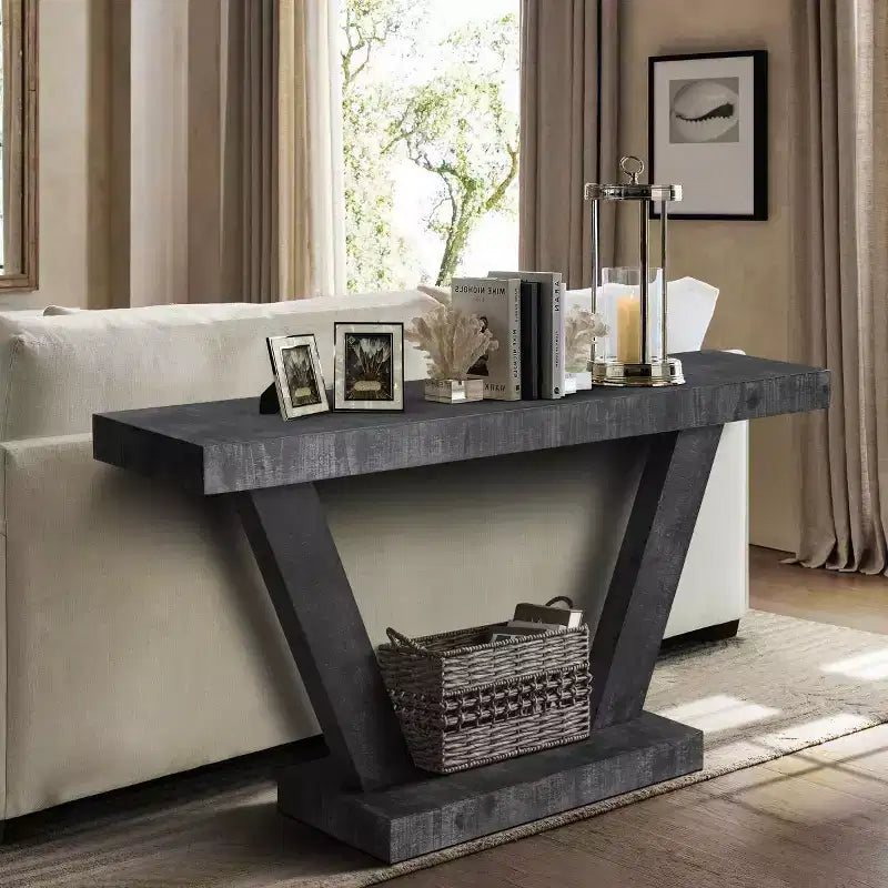 60-Inch Rustic Entryway Console Table with Distressed Wood Top and Wide V-Leg Base for Hallway