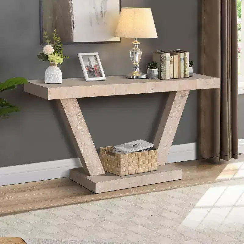 60-Inch Rustic Entryway Console Table with Distressed Wood Top and Wide V-Leg Base for Hallway