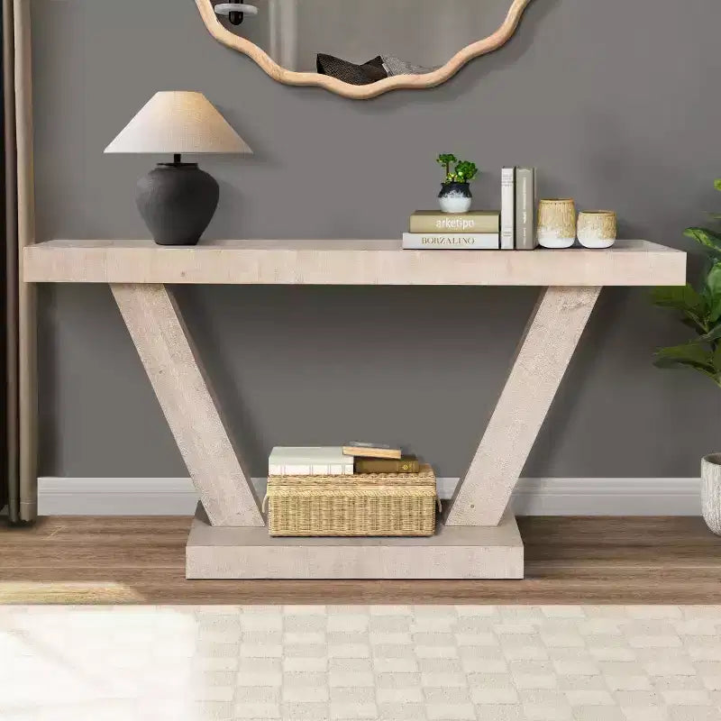 60-Inch Rustic Entryway Console Table with Distressed Wood Top and Wide V-Leg Base for Hallway