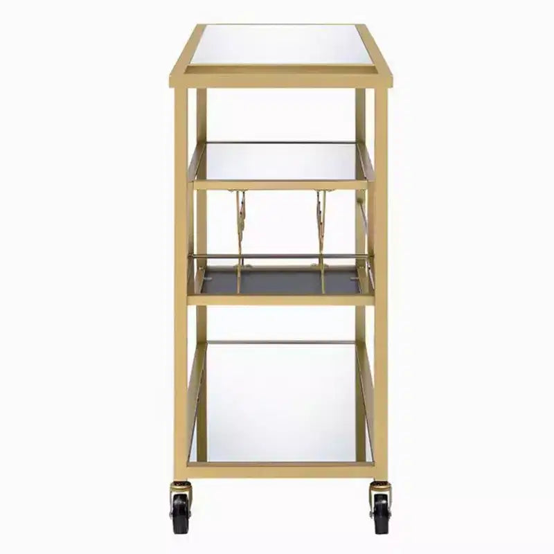 Hampton Style Metal Framed Serving Cart with Wine Bottle Holder and Stemware Rack, Gold and Clear