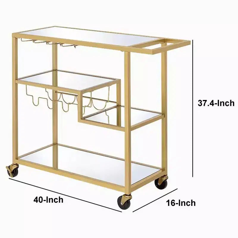 Hampton Style Metal Framed Serving Cart with Wine Bottle Holder and Stemware Rack, Gold and Clear