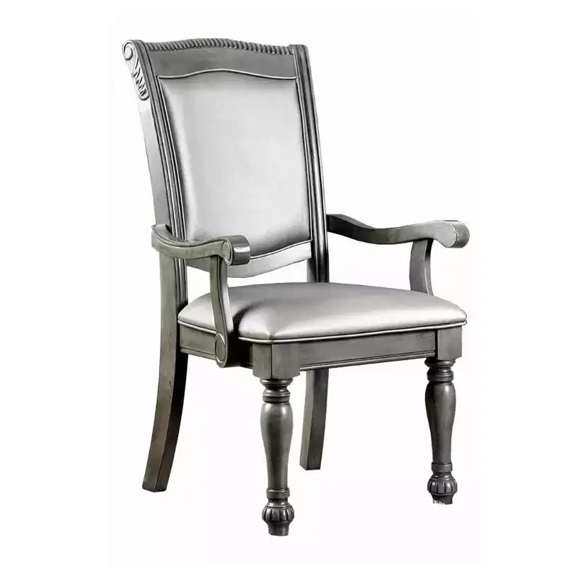 Set of 2 Hampton Style Wooden Arm Chairs with Leatherette Cushions, Gray