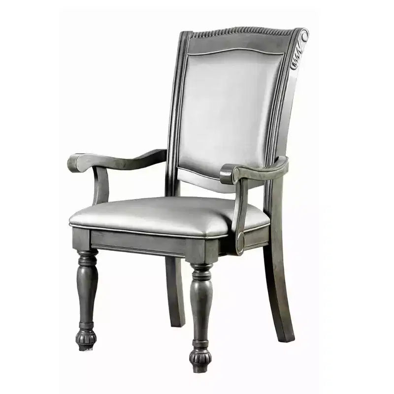 Set of 2 Hampton Style Wooden Arm Chairs with Leatherette Cushions, Gray