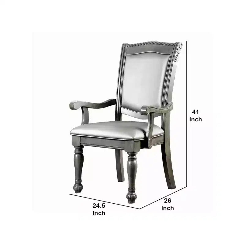 Set of 2 Hampton Style Wooden Arm Chairs with Leatherette Cushions, Gray