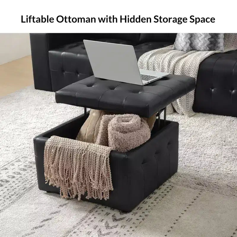 24-Inch Genuine Leather Tufted Square Ottoman with Storage