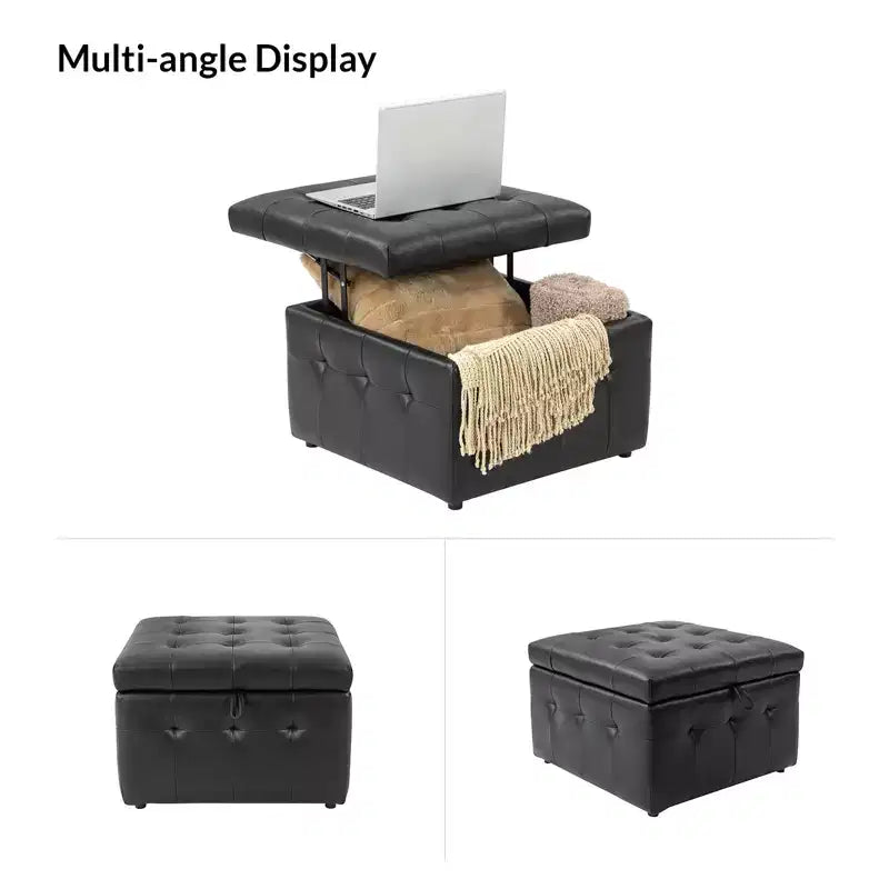 24-Inch Genuine Leather Tufted Square Ottoman with Storage