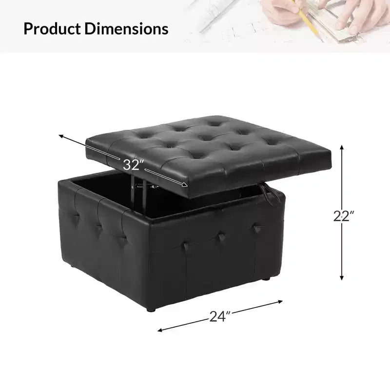 24-Inch Genuine Leather Tufted Square Ottoman with Storage