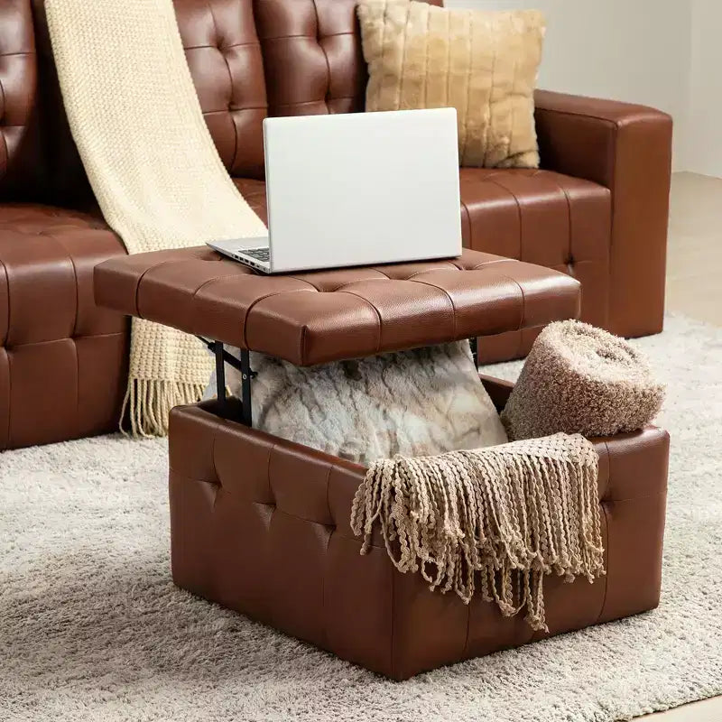 24-Inch Genuine Leather Tufted Square Ottoman with Storage