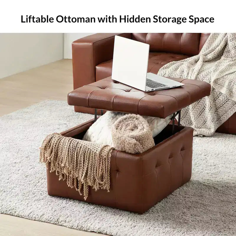24-Inch Genuine Leather Tufted Square Ottoman with Storage