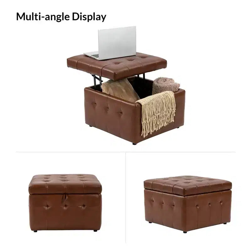 24-Inch Genuine Leather Tufted Square Ottoman with Storage