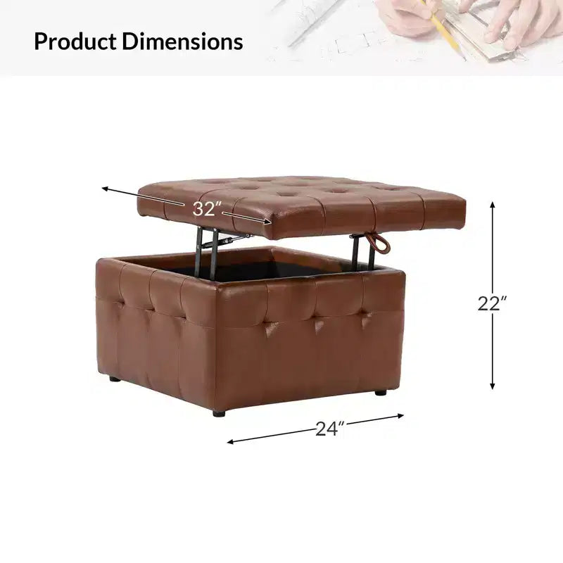 24-Inch Genuine Leather Tufted Square Ottoman with Storage