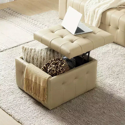 24-Inch Genuine Leather Tufted Square Ottoman with Storage