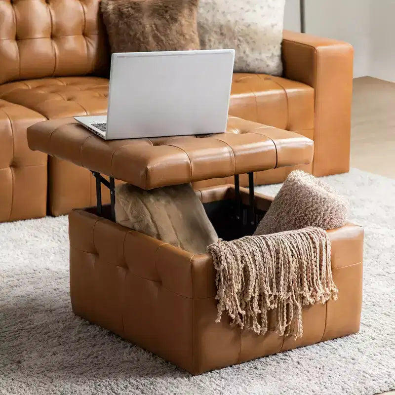 24-Inch Genuine Leather Tufted Square Ottoman with Storage