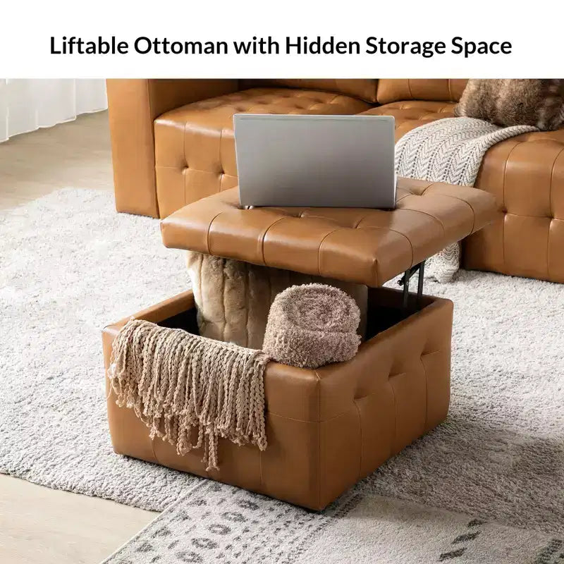 24-Inch Genuine Leather Tufted Square Ottoman with Storage